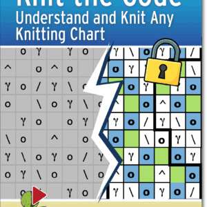 Cover image for Knit the Code video guide – a step-by-step online knitting class teaching you how to understand and knit any knitting chart, featuring colorful chart symbols and a padlock graphic.